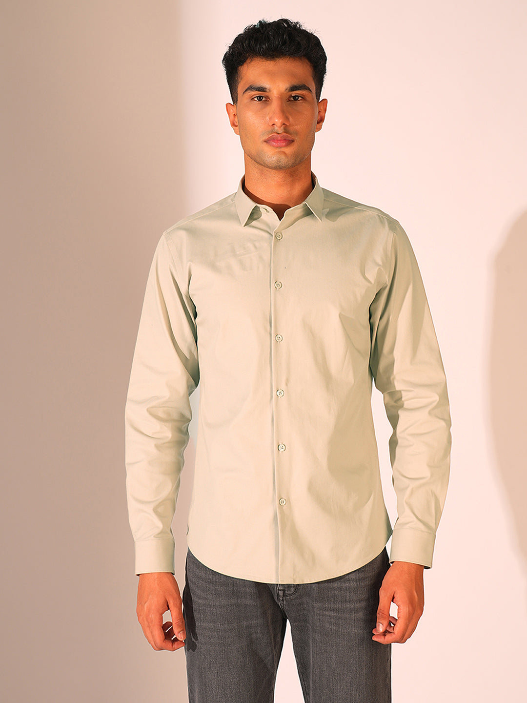 Beige Stretch Slim Fit Shirt