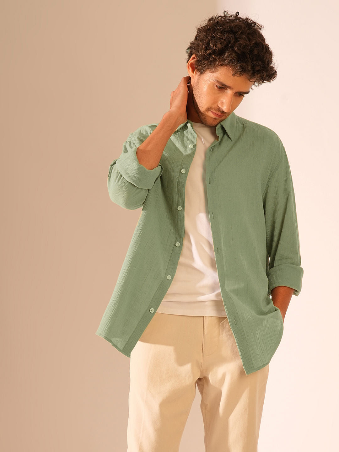 Green Textured Full Sleeves Shirt