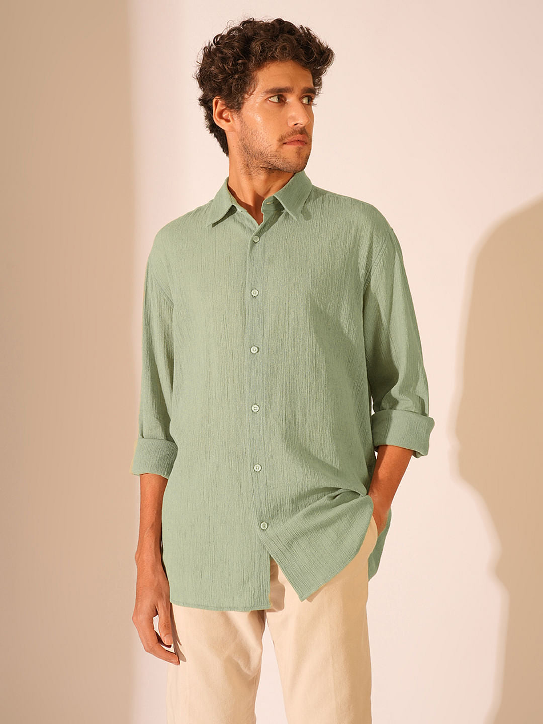 Green Textured Full Sleeves Shirt
