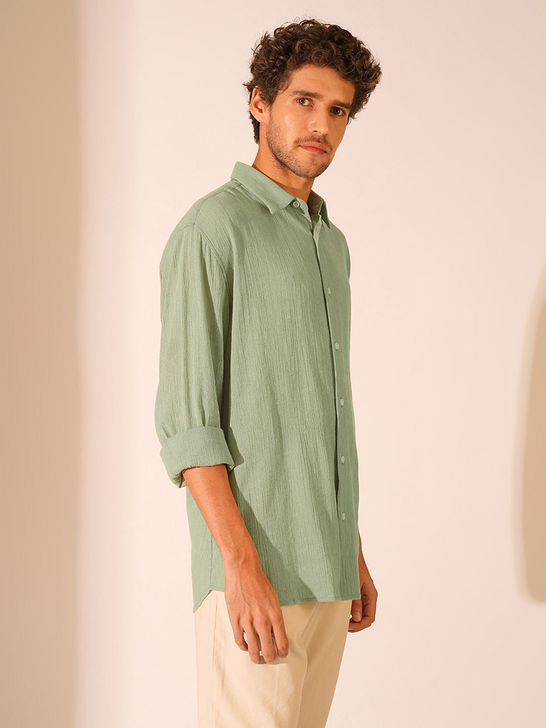 Green Textured Full Sleeves Shirt