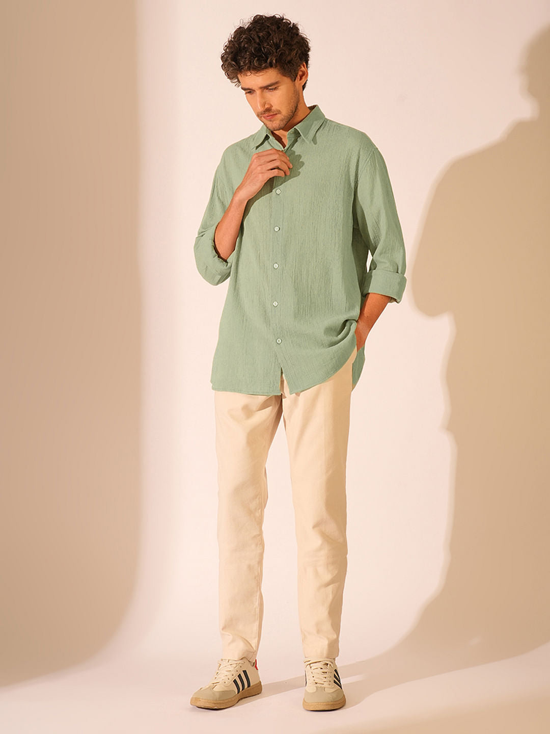 Green Textured Full Sleeves Shirt