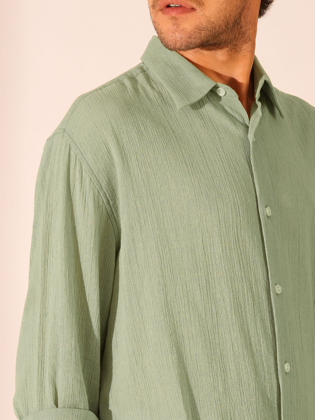 Green Textured Full Sleeves Shirt
