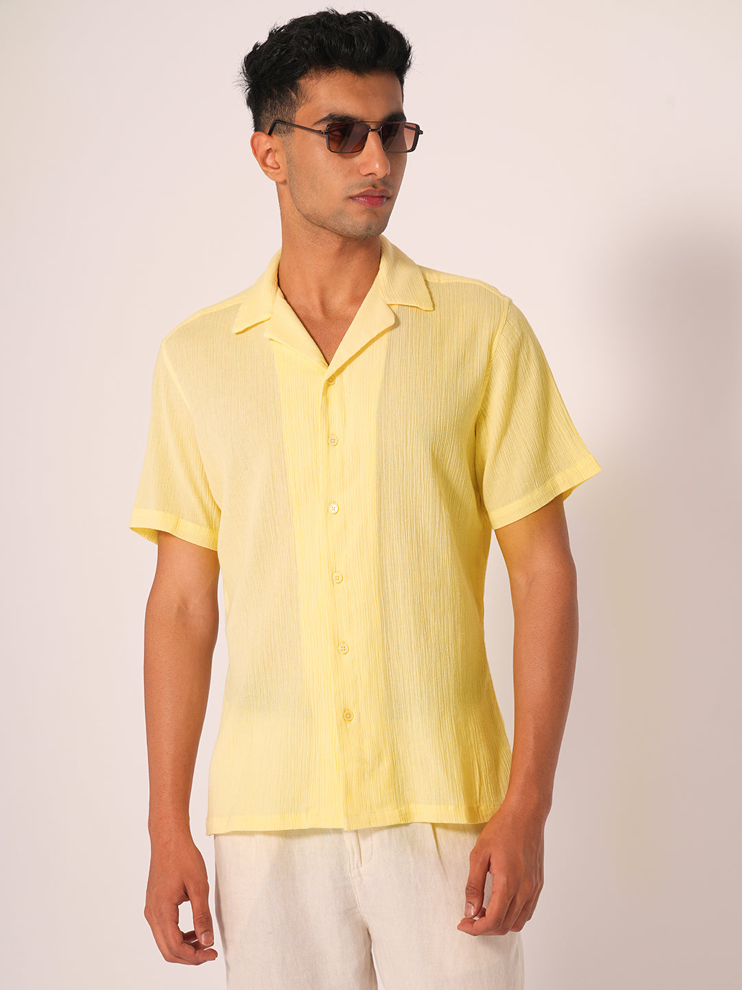 Yellow Cuban Collar Textured Shirt