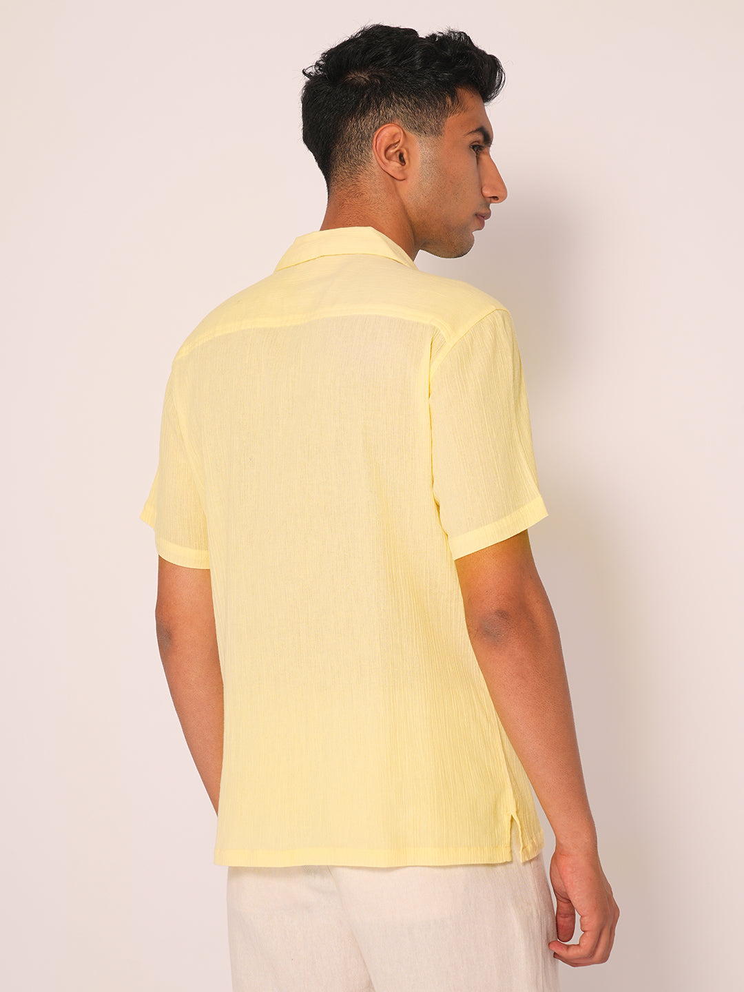 Yellow Cuban Collar Textured Shirt