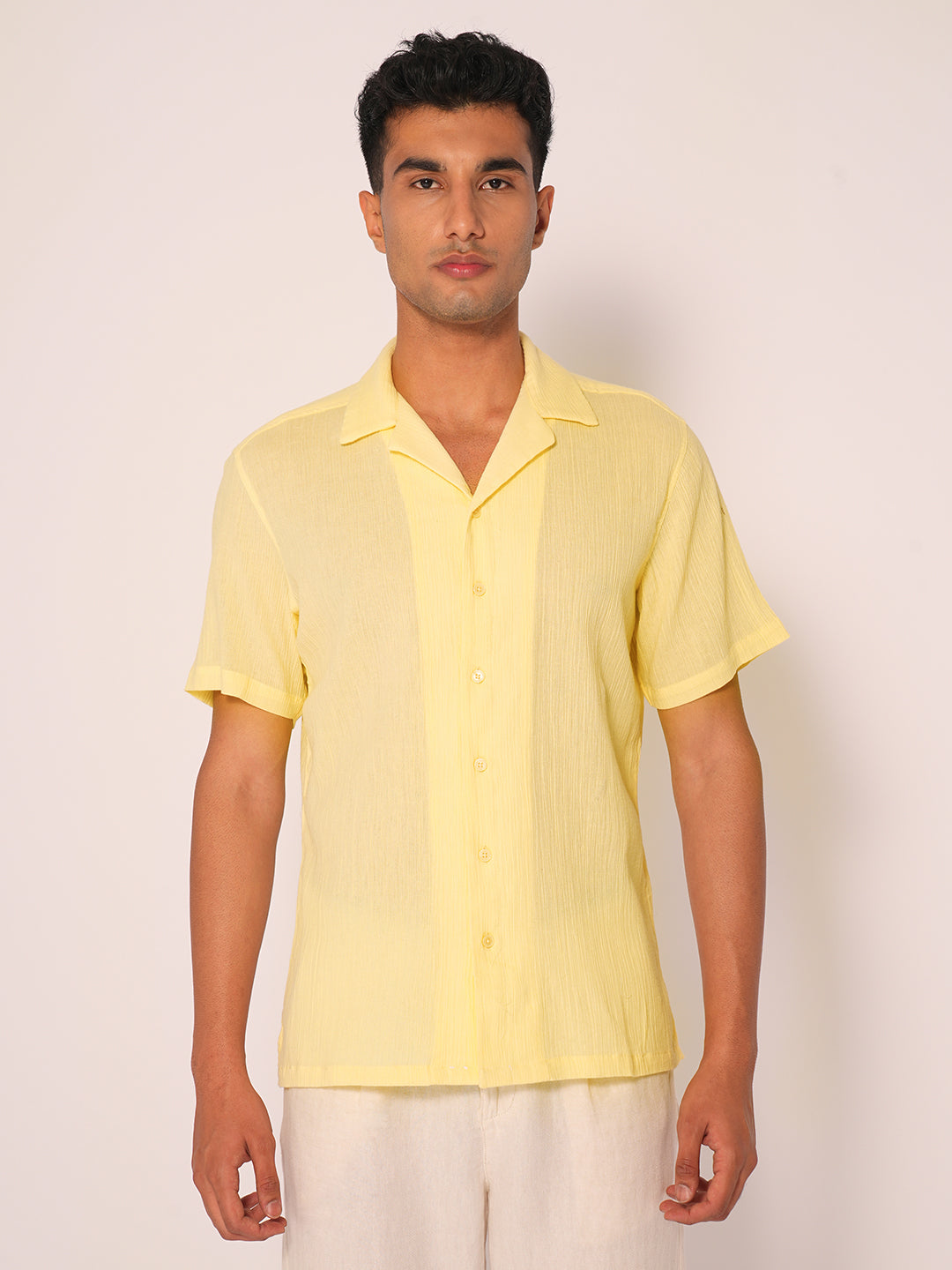 Yellow Cuban Collar Textured Shirt