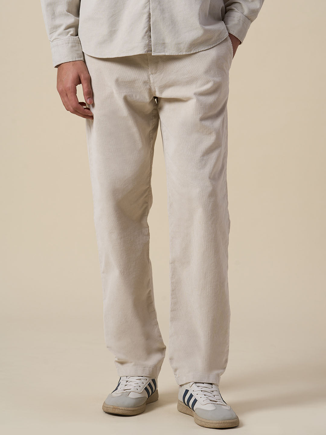 Beige Corduroy Straight Fit Pants