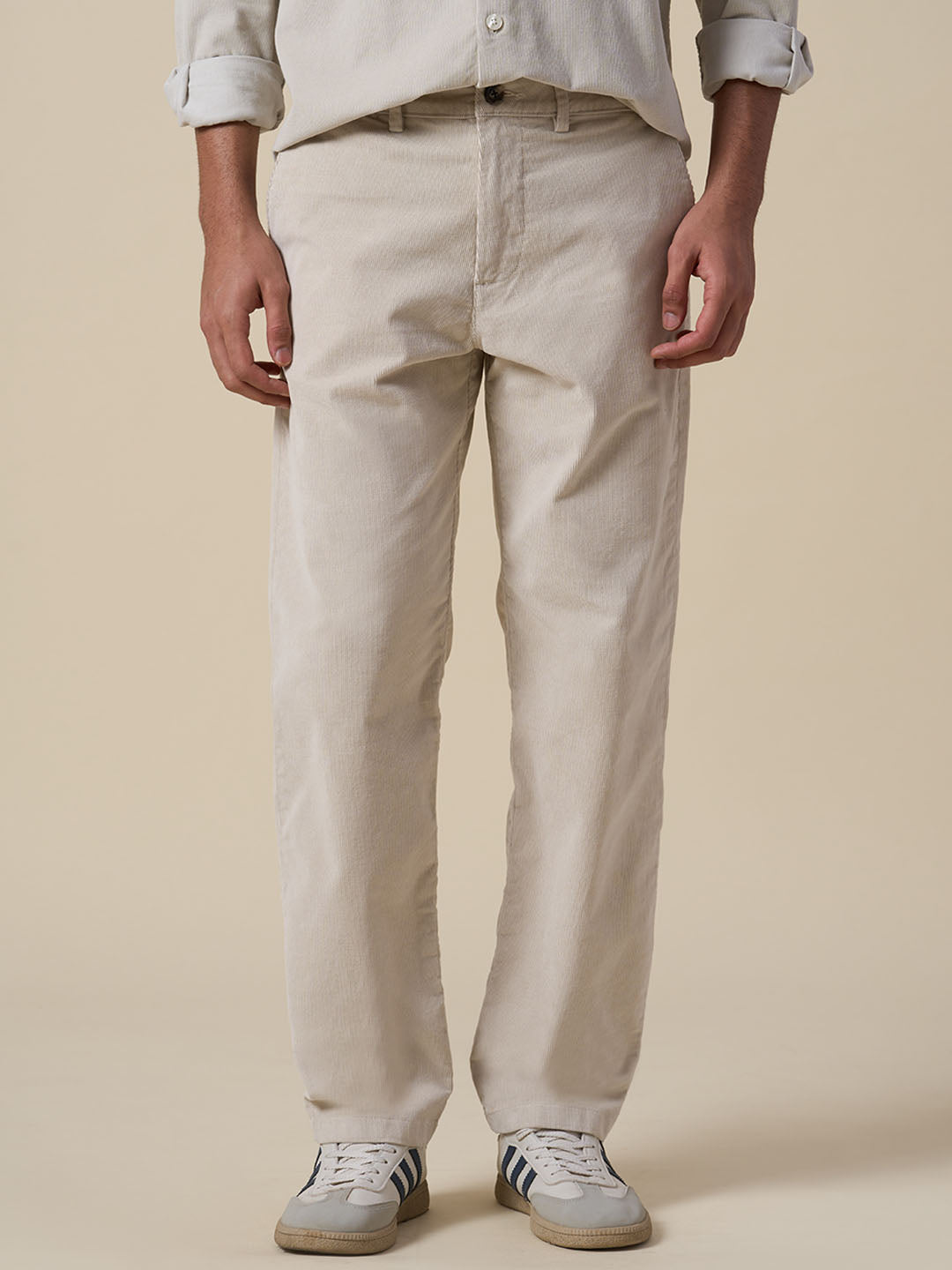 Beige Corduroy Straight Fit Pants