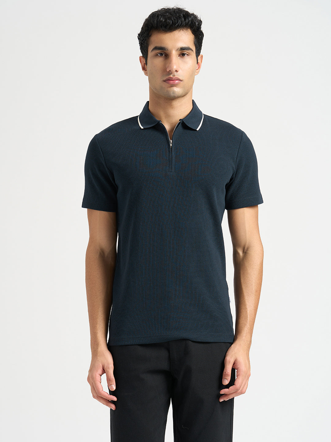 Dark Blue Waffle Structured Slim Polo