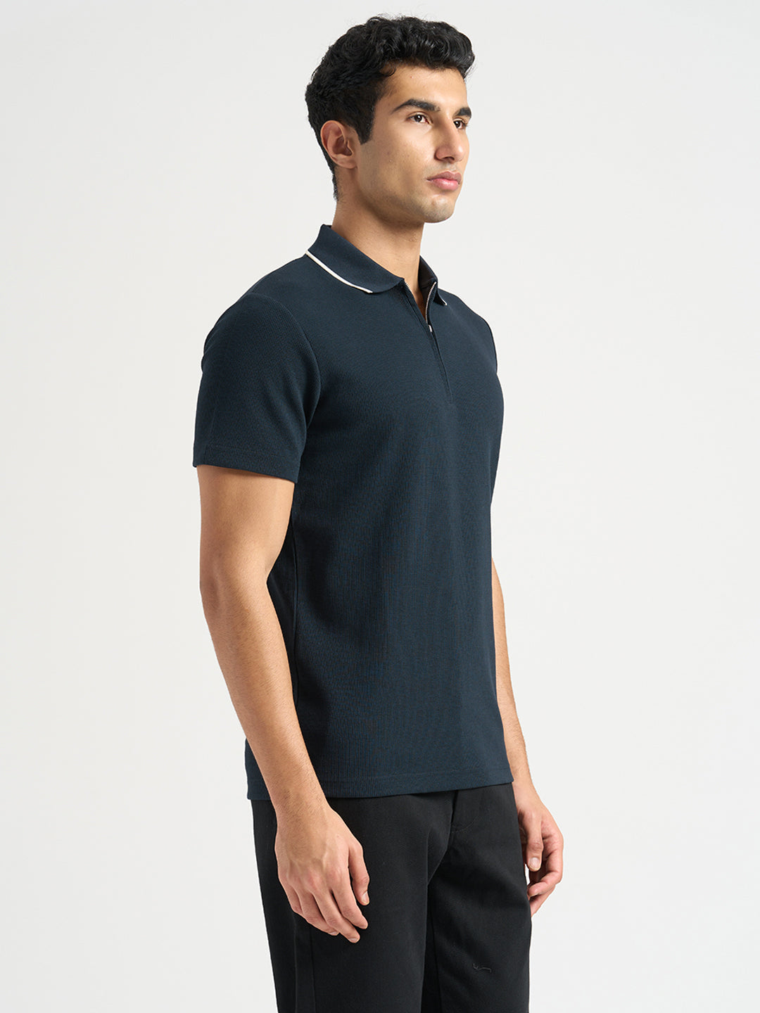 Dark Blue Waffle Structured Slim Polo