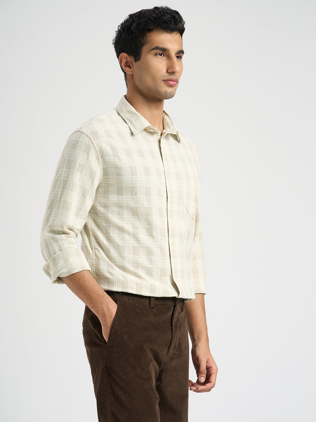 Cotton Check Shirt - Beige