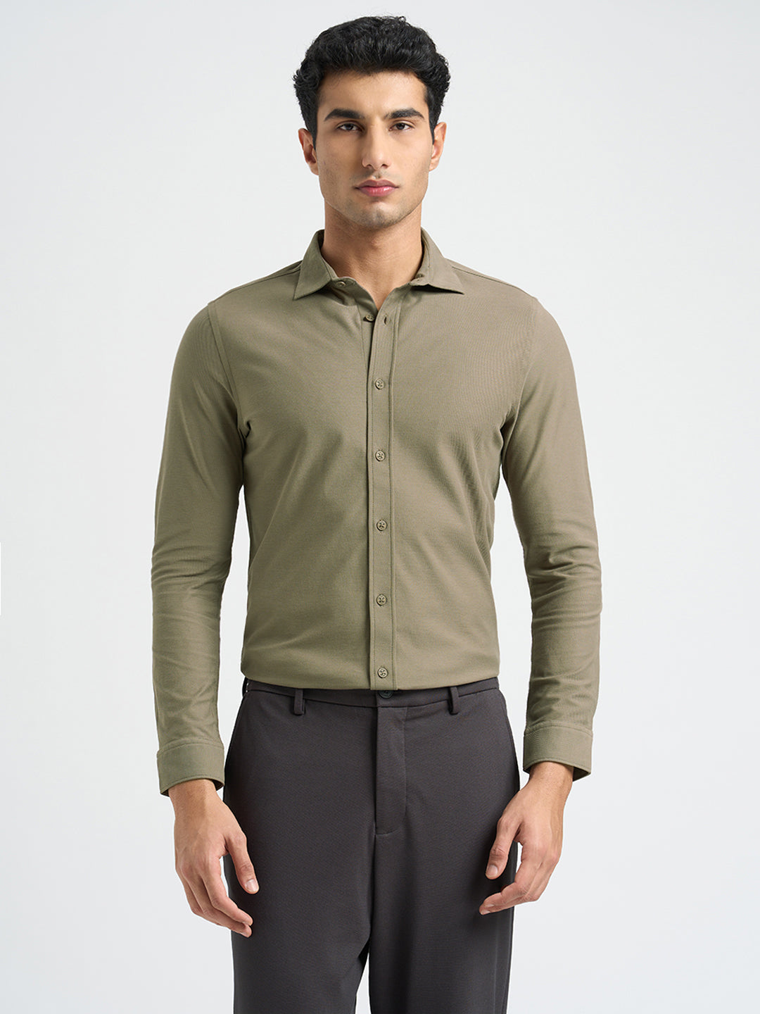 Knitted Full Sleeves Shirt - Brown