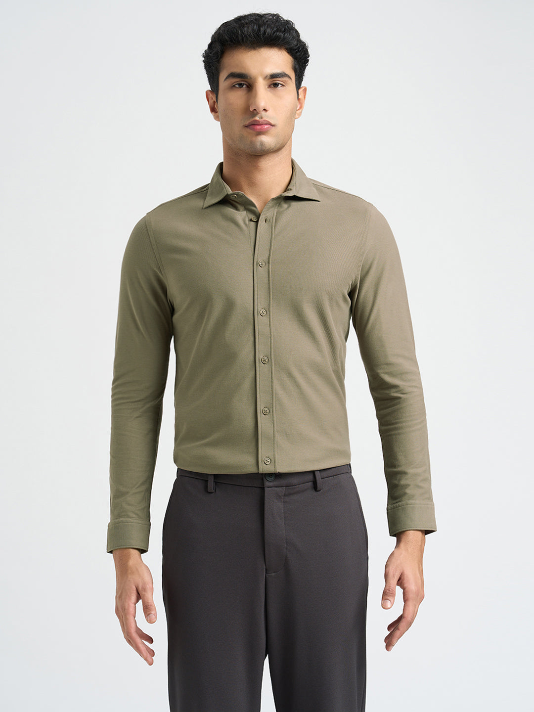 Knitted Full Sleeves Shirt - Brown