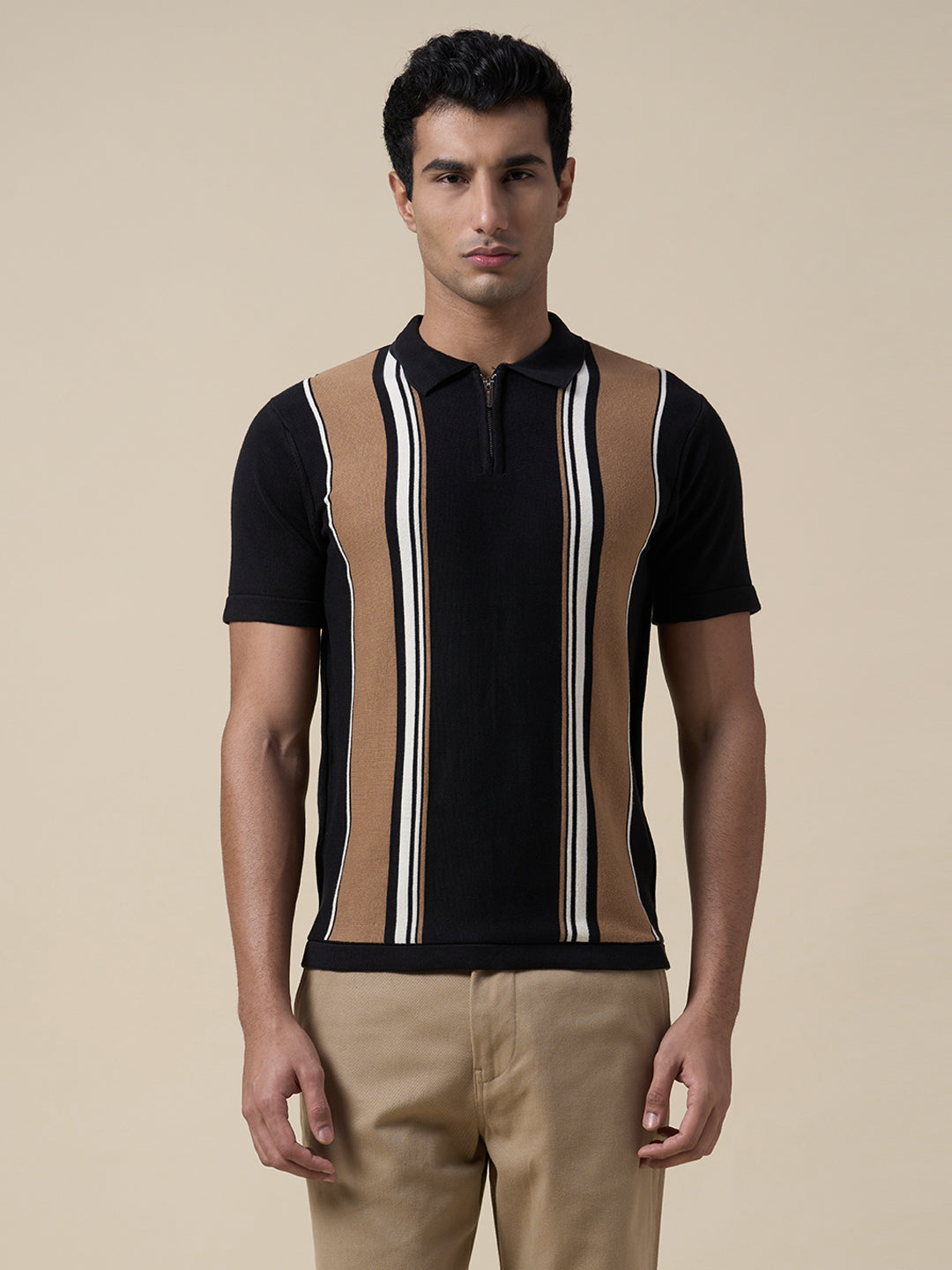Buy Cotton Colourblocked Zip Knit Polo for Men Online