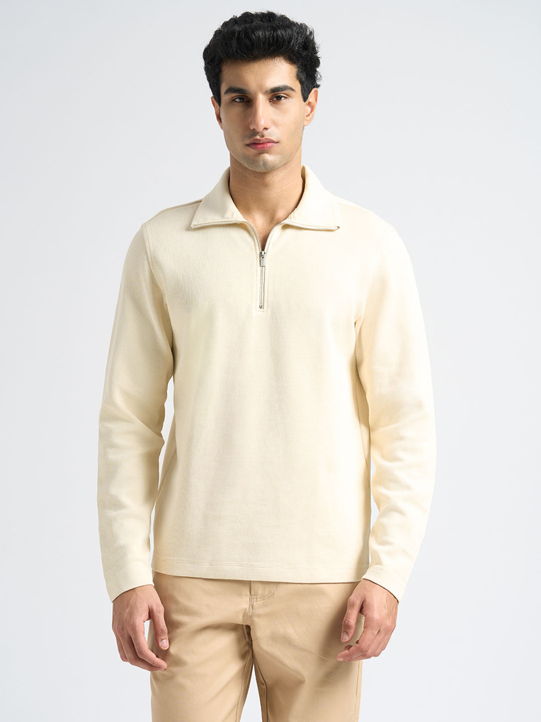 Cotton Blend Zipped Sweatshirt - Beige