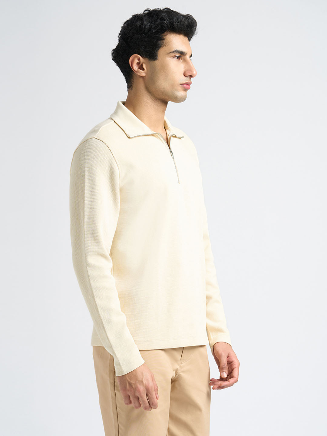 Cotton Blend Zipped Sweatshirt - Beige