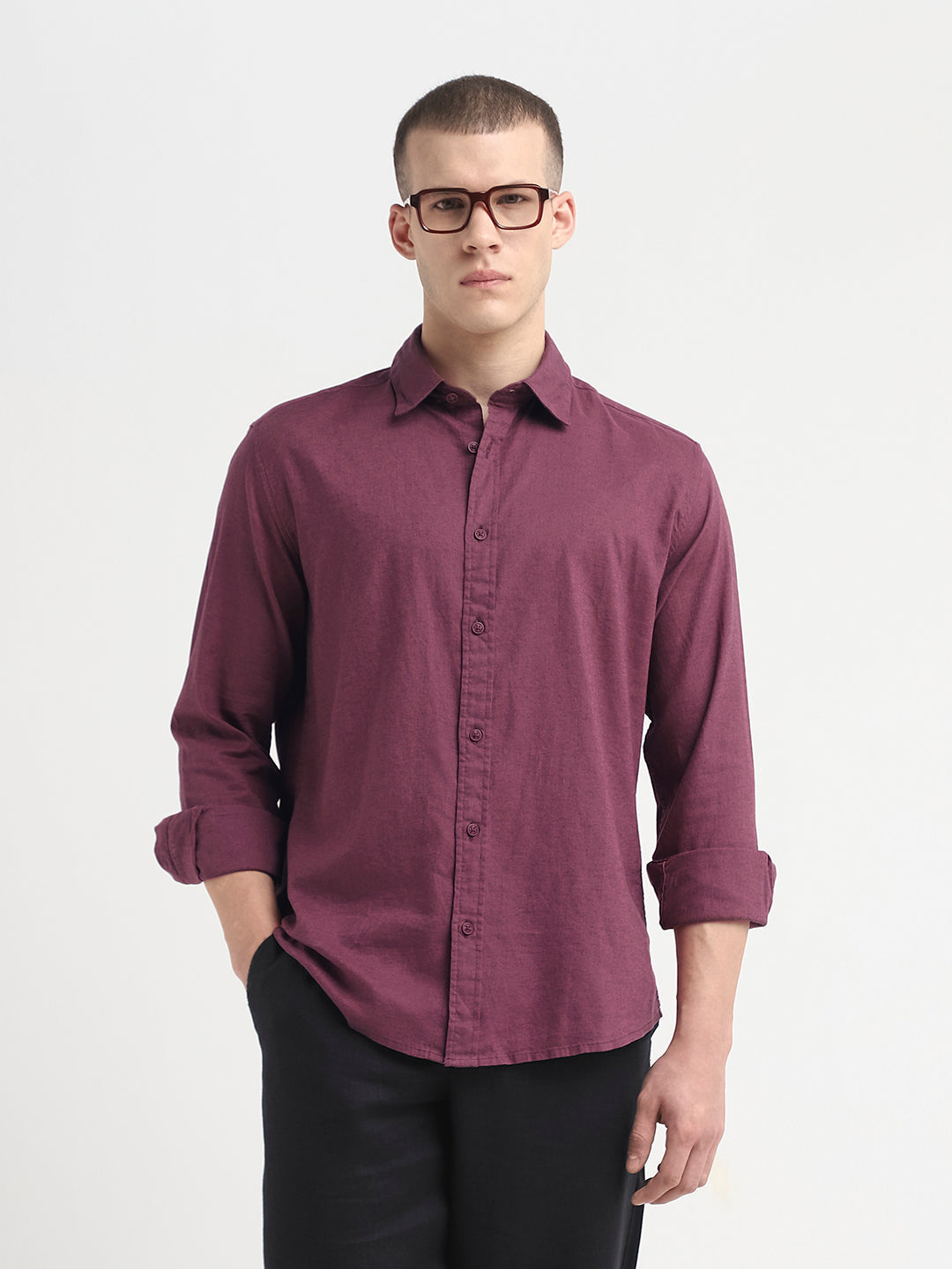 Linen Blend Regular Fit Shirt - Maroon