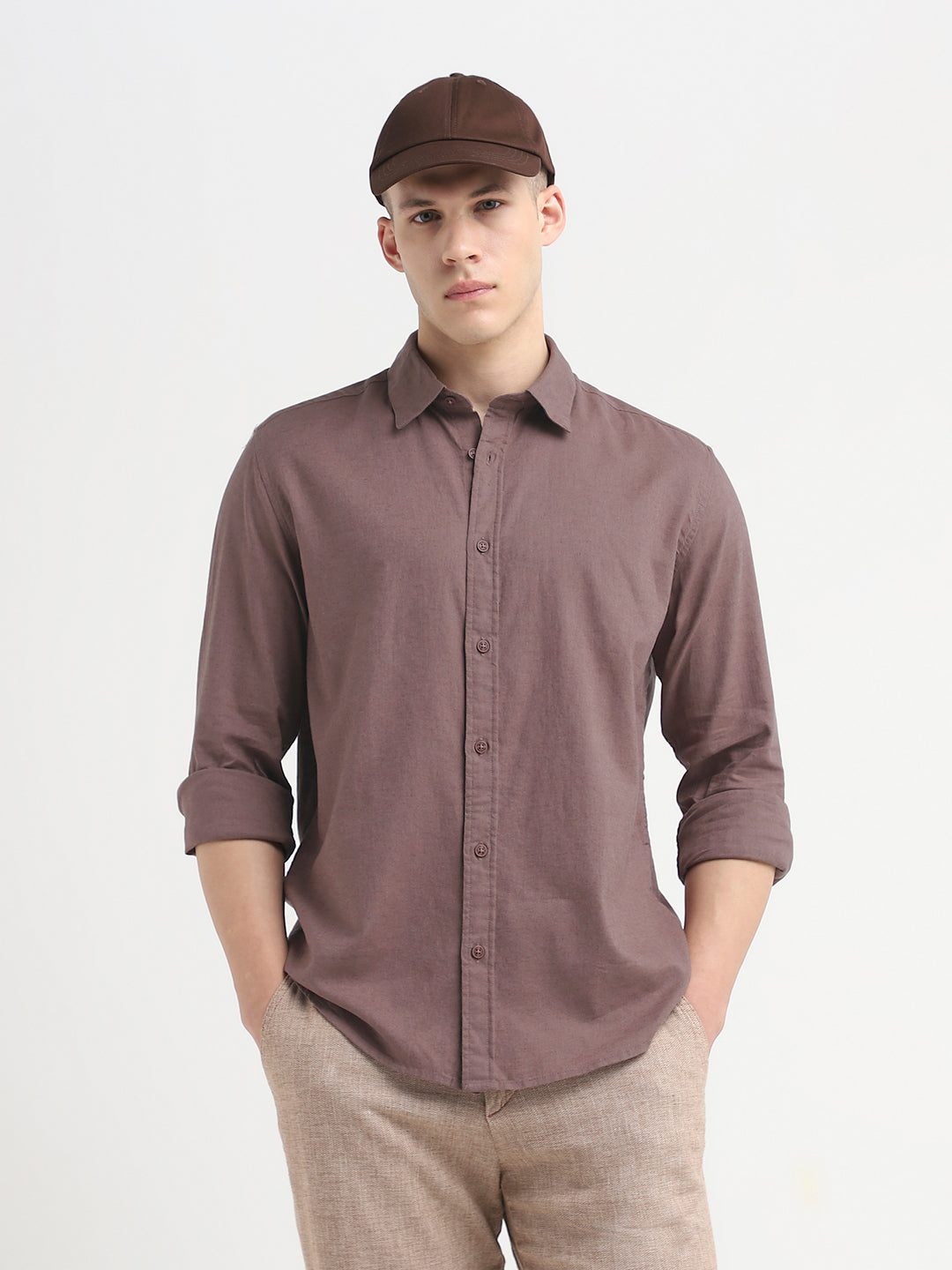 Linen Blend Regular Fit Shirt - Brown