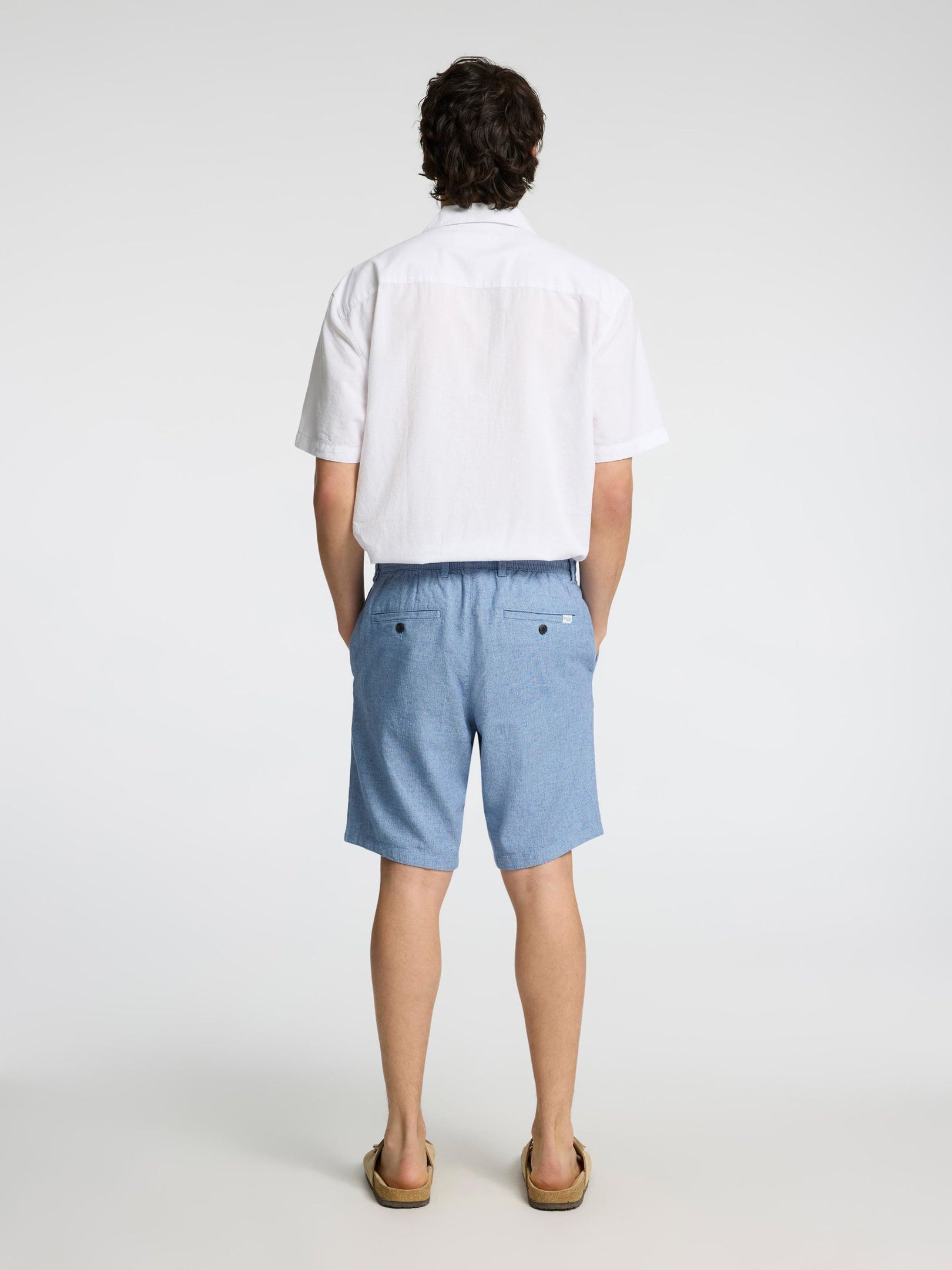Blue Mid Rise Linen Blend Shorts