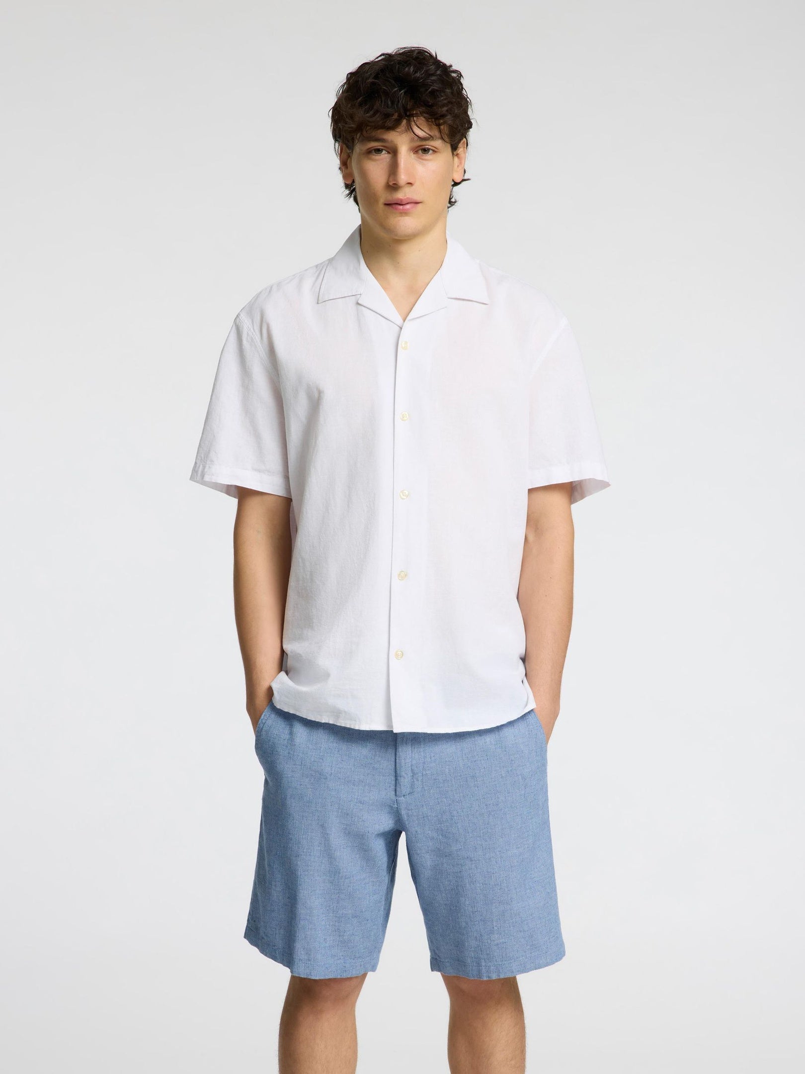 Blue Mid Rise Linen Blend Shorts