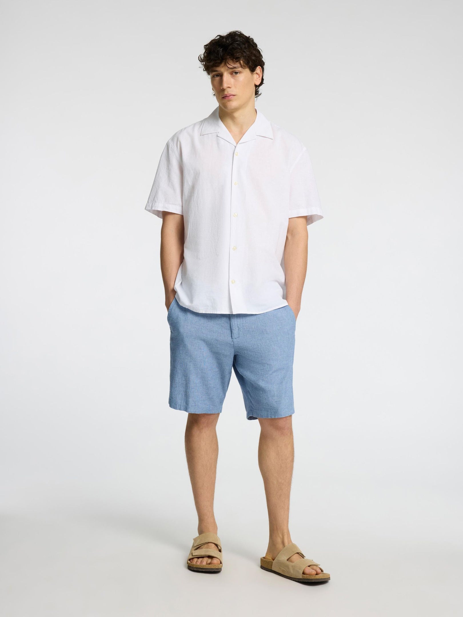 Blue Mid Rise Linen Blend Shorts