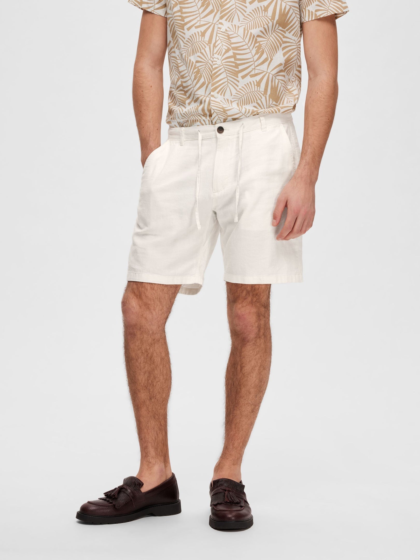 White Mid Rise Linen Blend Shorts