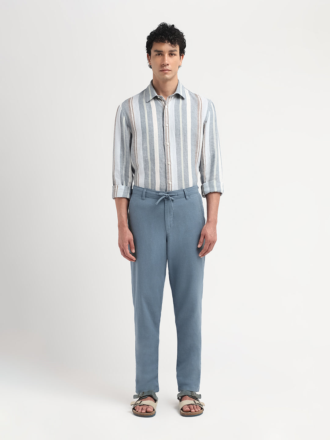 Light Blue Linen Blend Slim Fit Pants