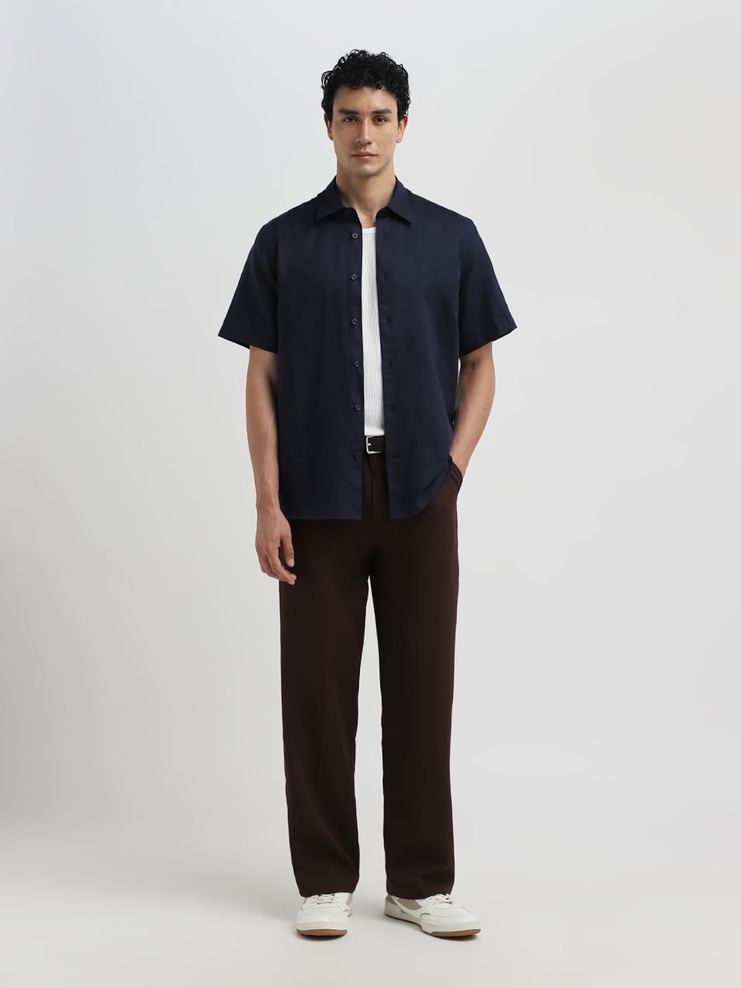 Regular Fit Linen Blend Shirt - Navy Blue