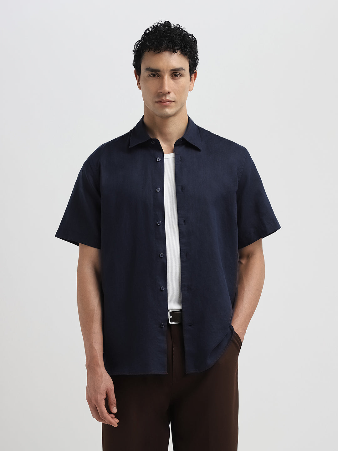 Regular Fit Linen Blend Shirt - Navy Blue