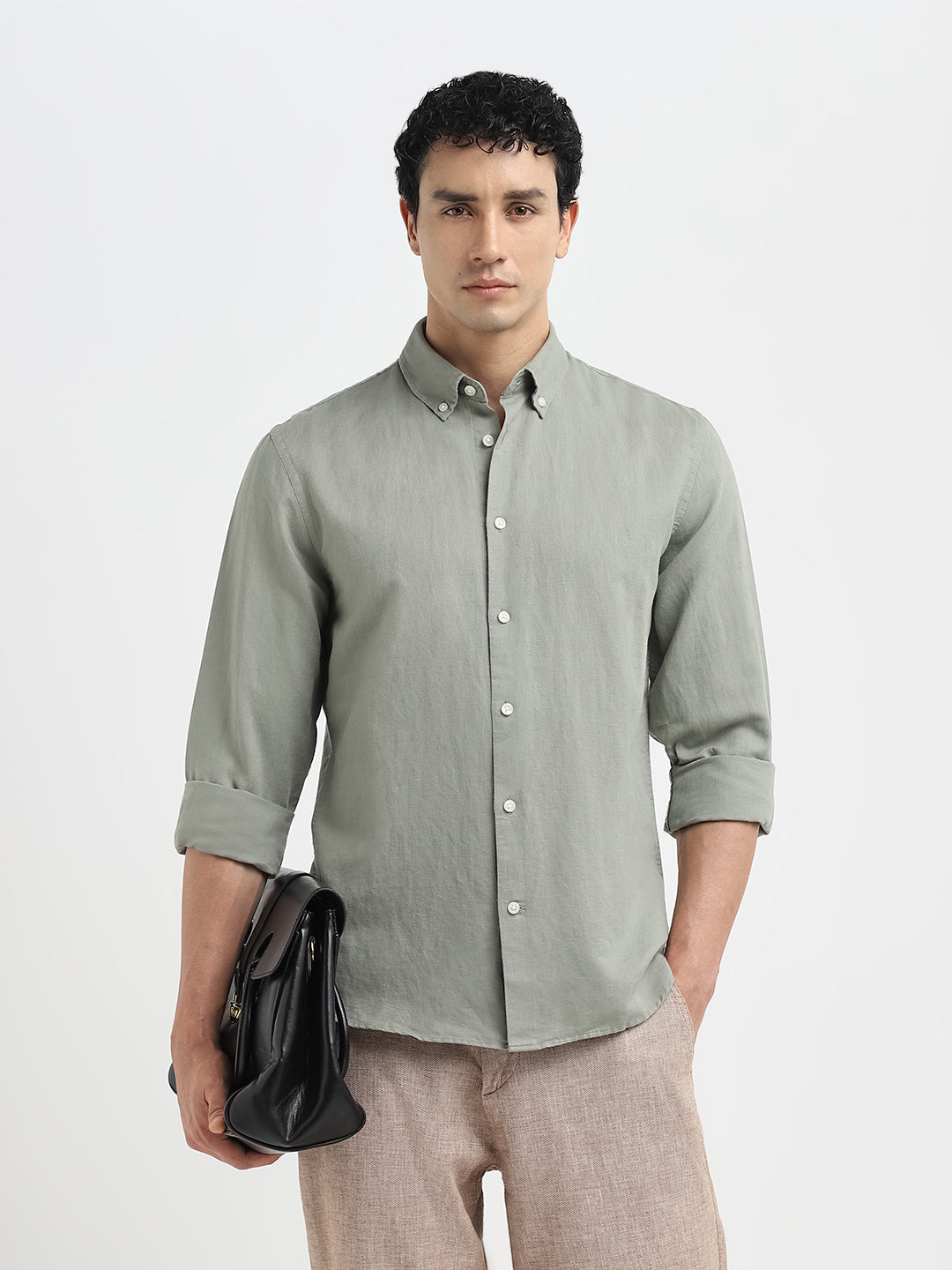 Slim Fit Linen Blend Shirt - Green