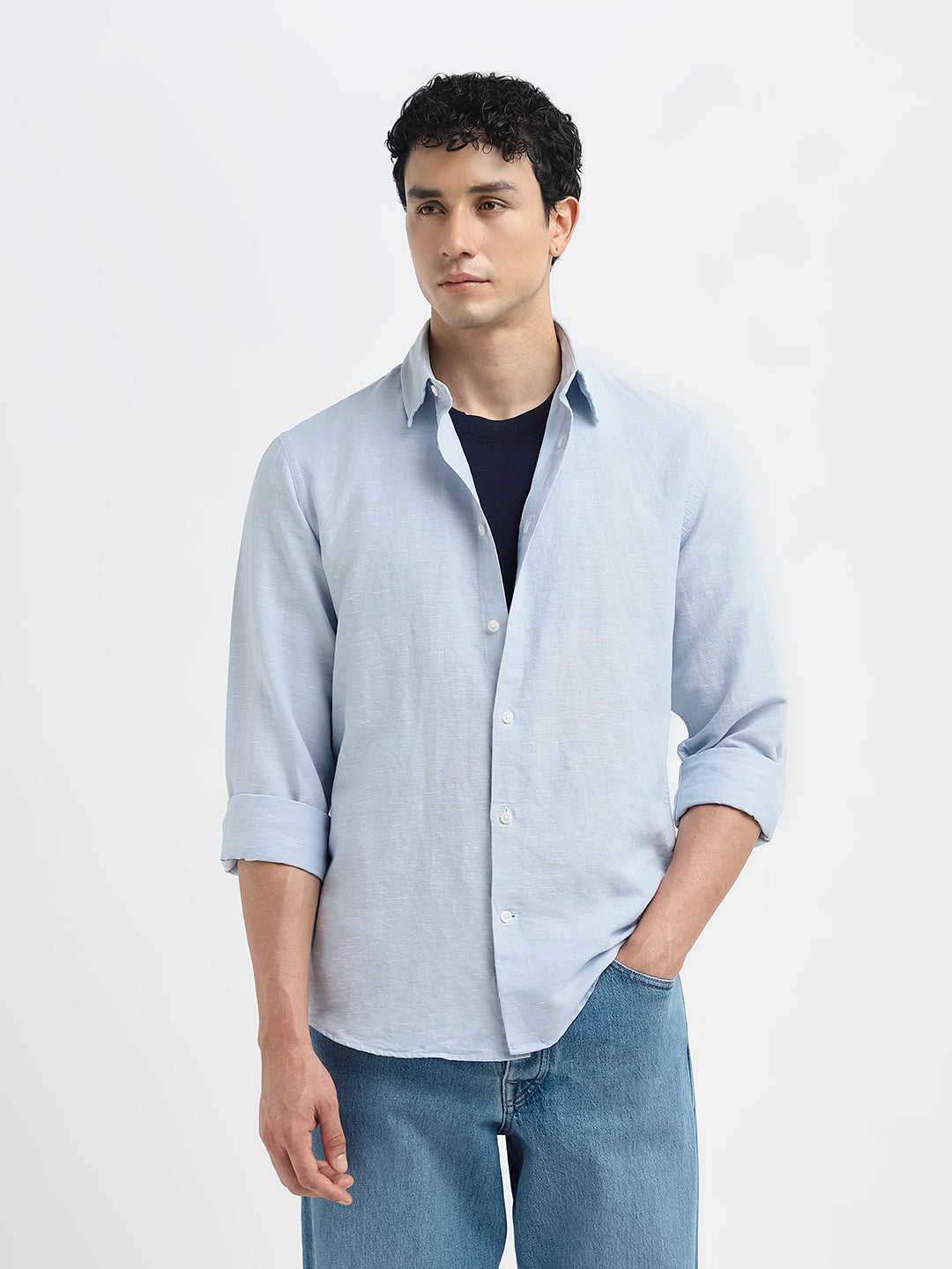 Slim Fit Linen Blend Shirt - Light Blue