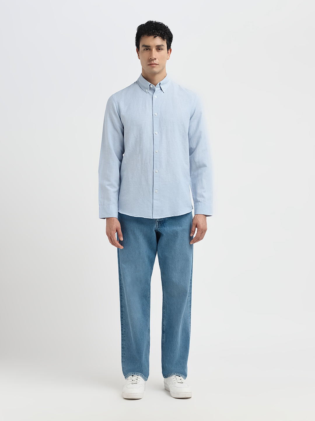 Slim Fit Linen Blend Shirt - Light Blue