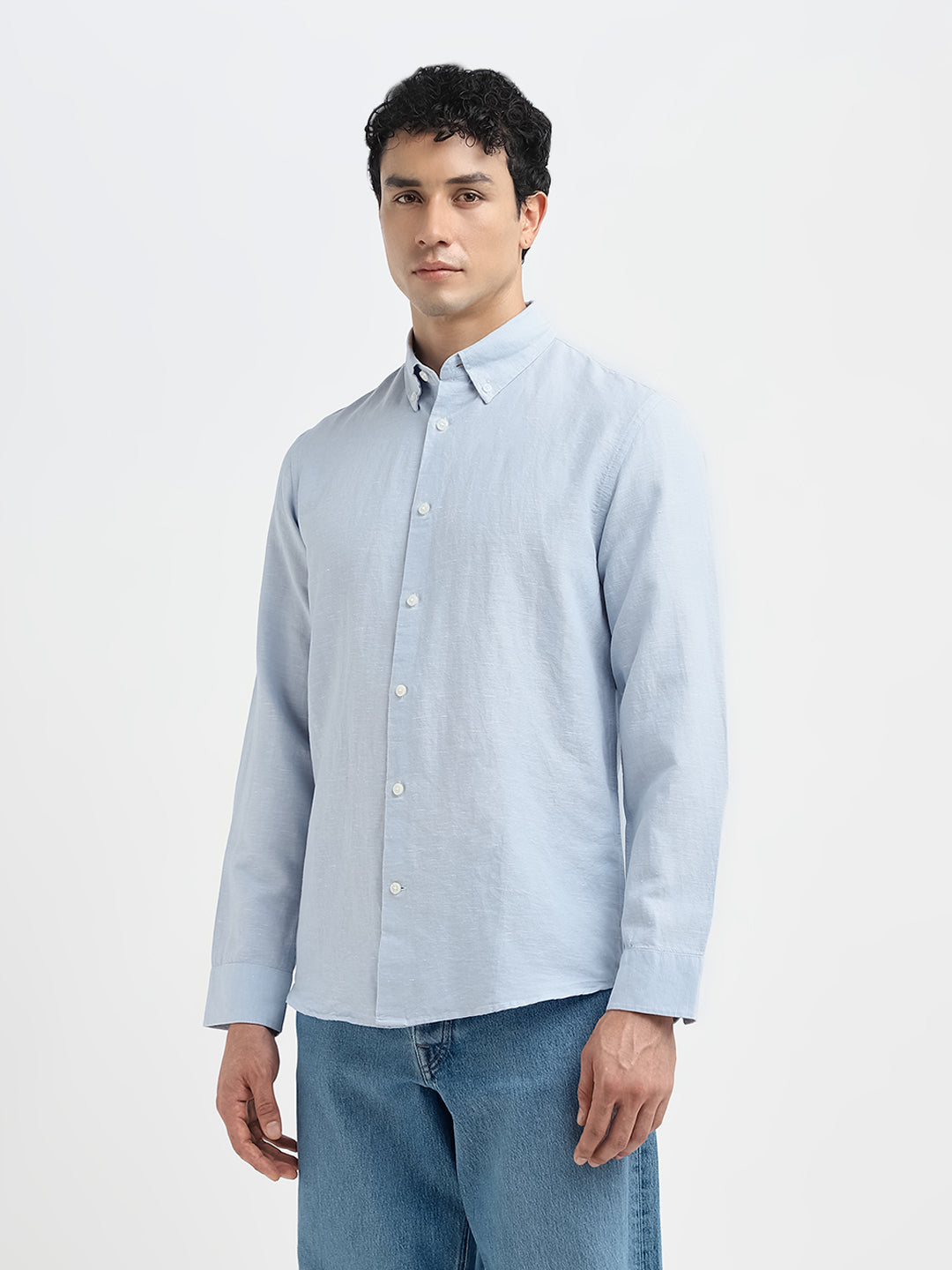 Slim Fit Linen Blend Shirt - Light Blue