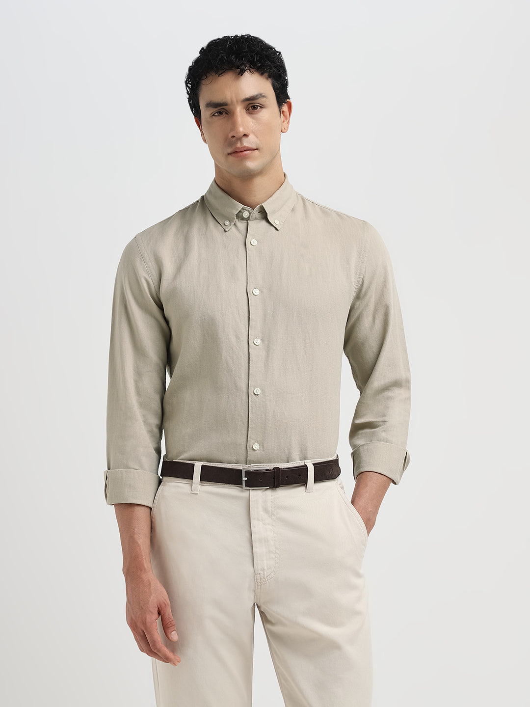 Slim Fit Linen Blend Shirt - Beige