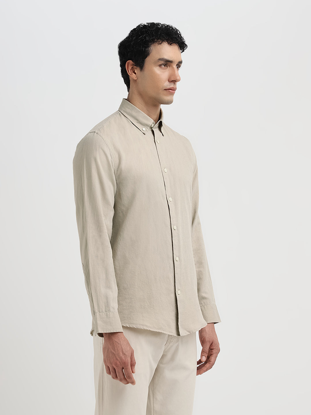 Slim Fit Linen Blend Shirt - Beige