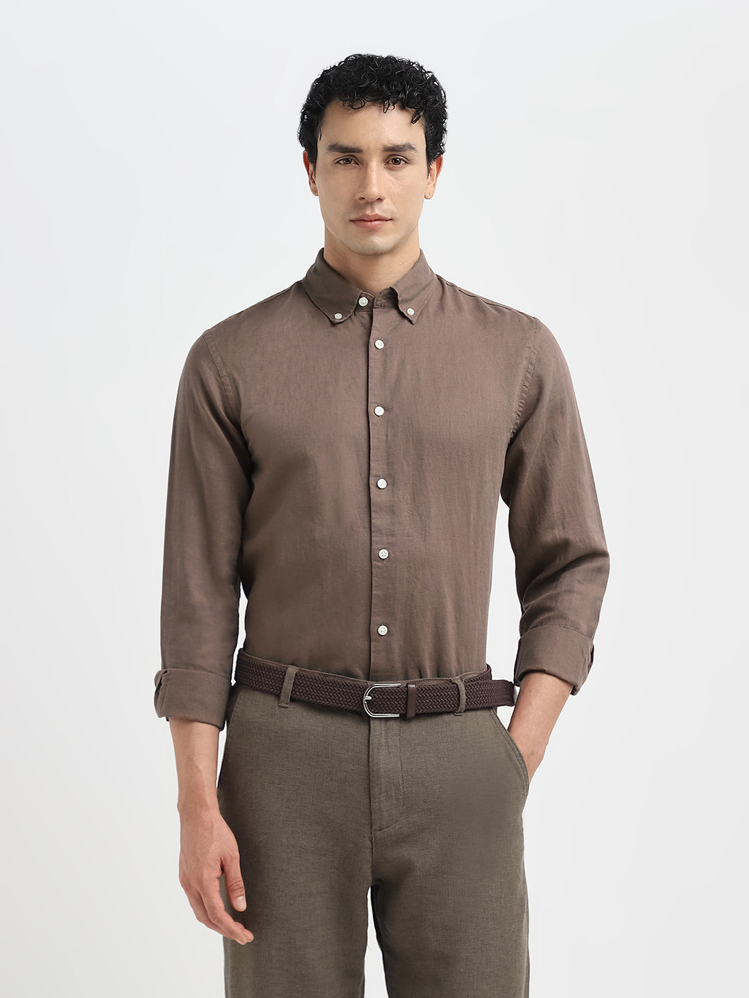 Dark Brown Linen Blend Slim Fit Shirt