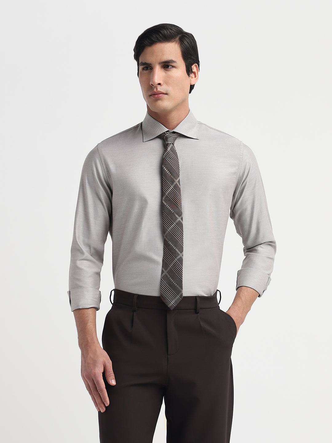 Brown Spread Collar Slim Fit Shirt