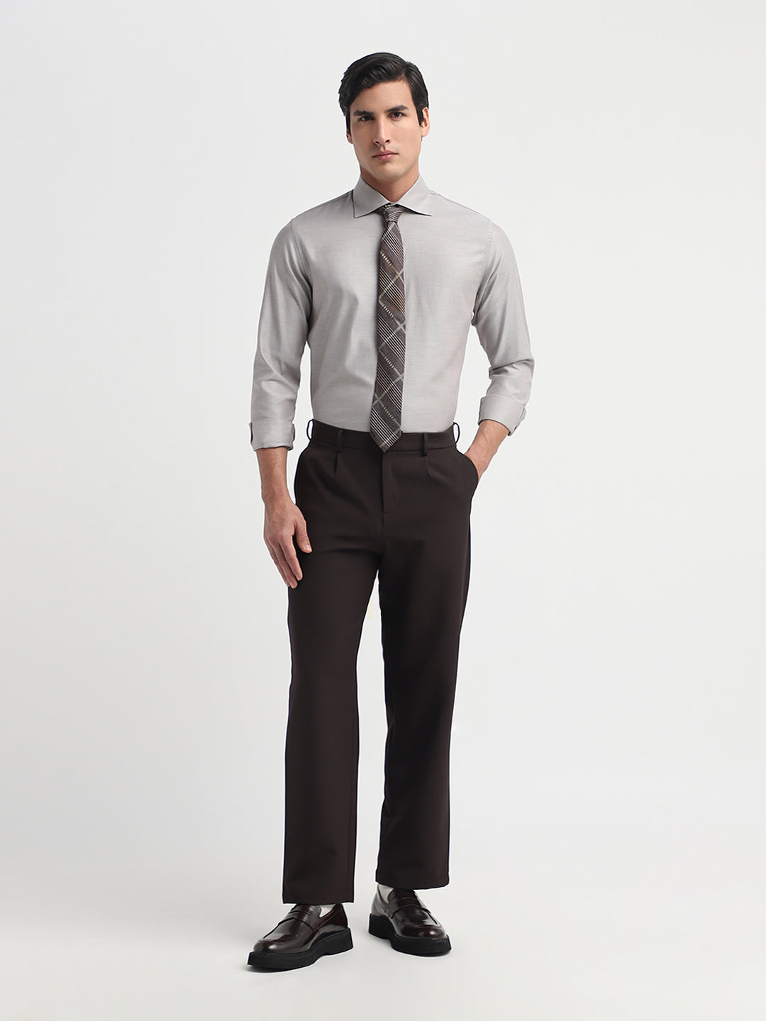 Brown Spread Collar Slim Fit Shirt