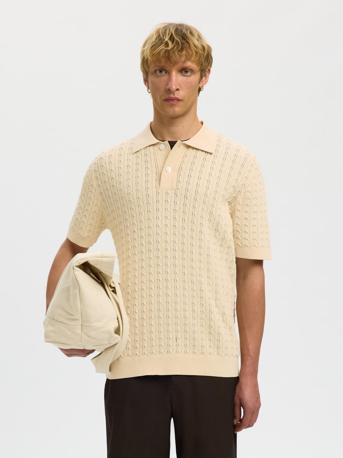 Organic Cotton Cable Knit Polo - Beige