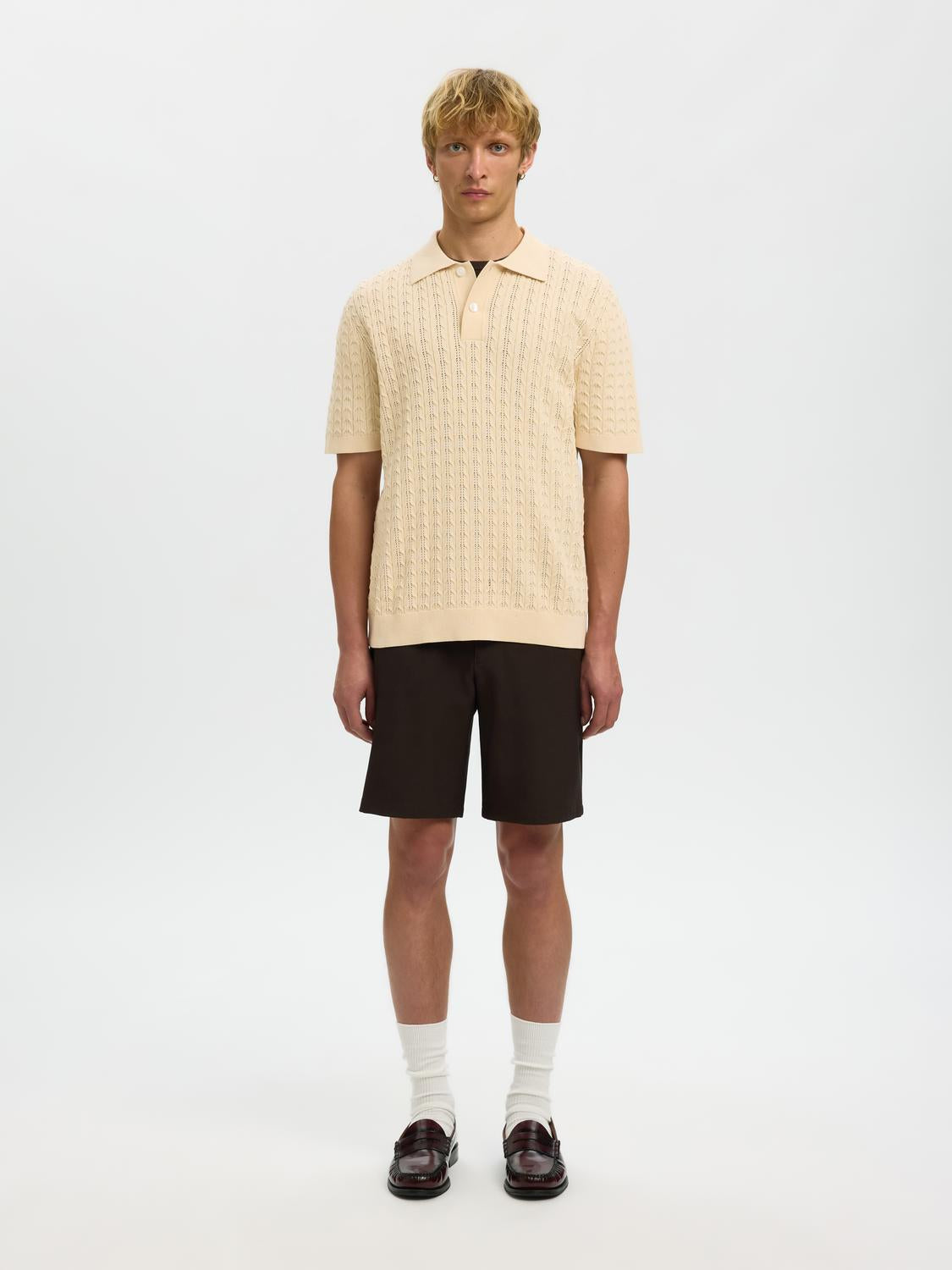 Organic Cotton Cable Knit Polo - Beige