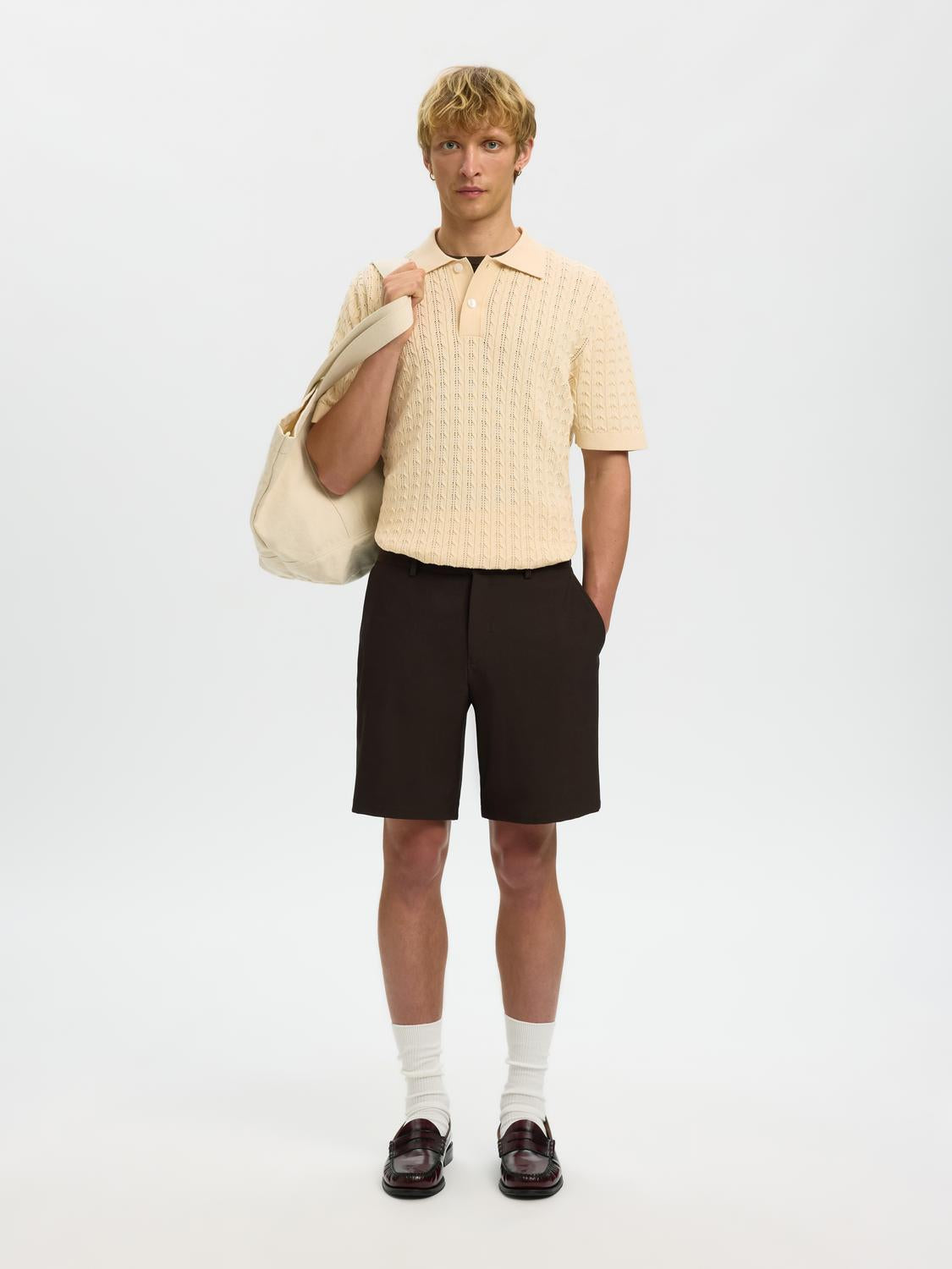 Organic Cotton Cable Knit Polo - Beige