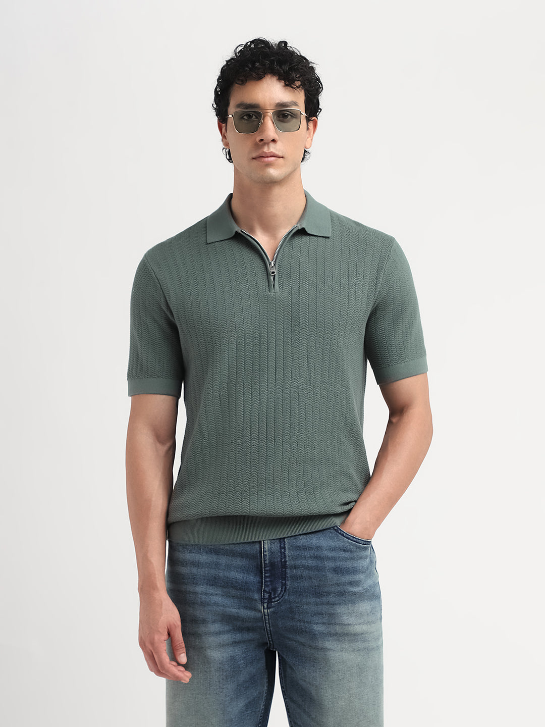 Structured Zip Up Polo - Green