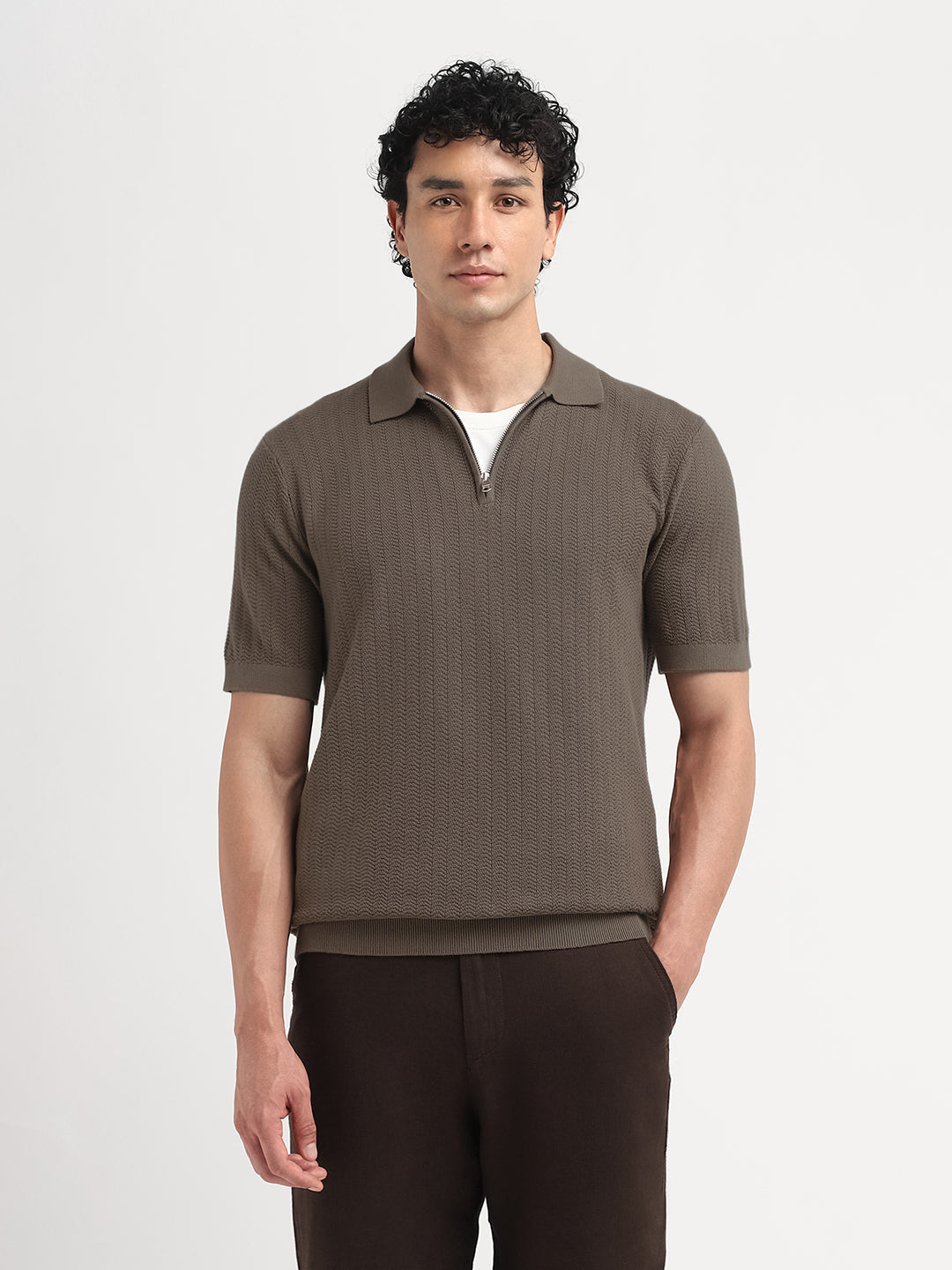 Structured Zip Up Polo - Dark Brown