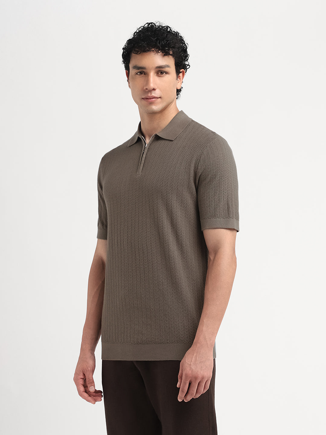 Structured Zip Up Polo - Dark Brown