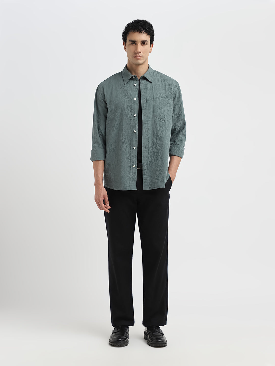 Green Seersucker Full Sleeves Shirt