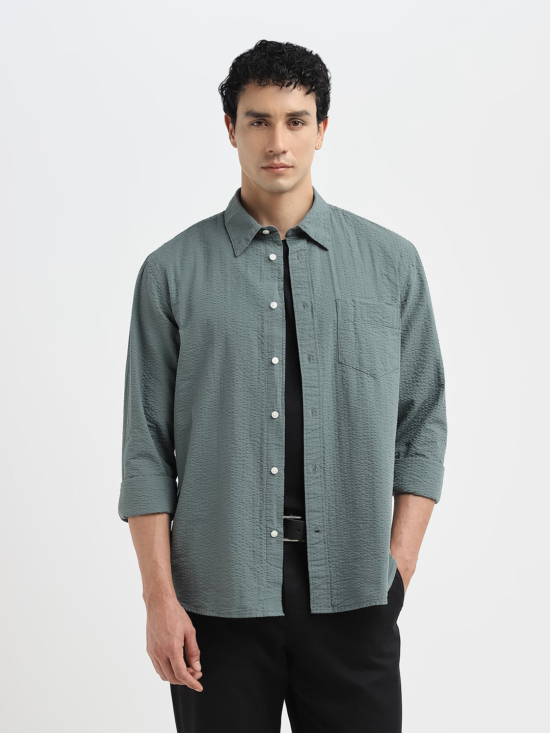 Green Seersucker Full Sleeves Shirt