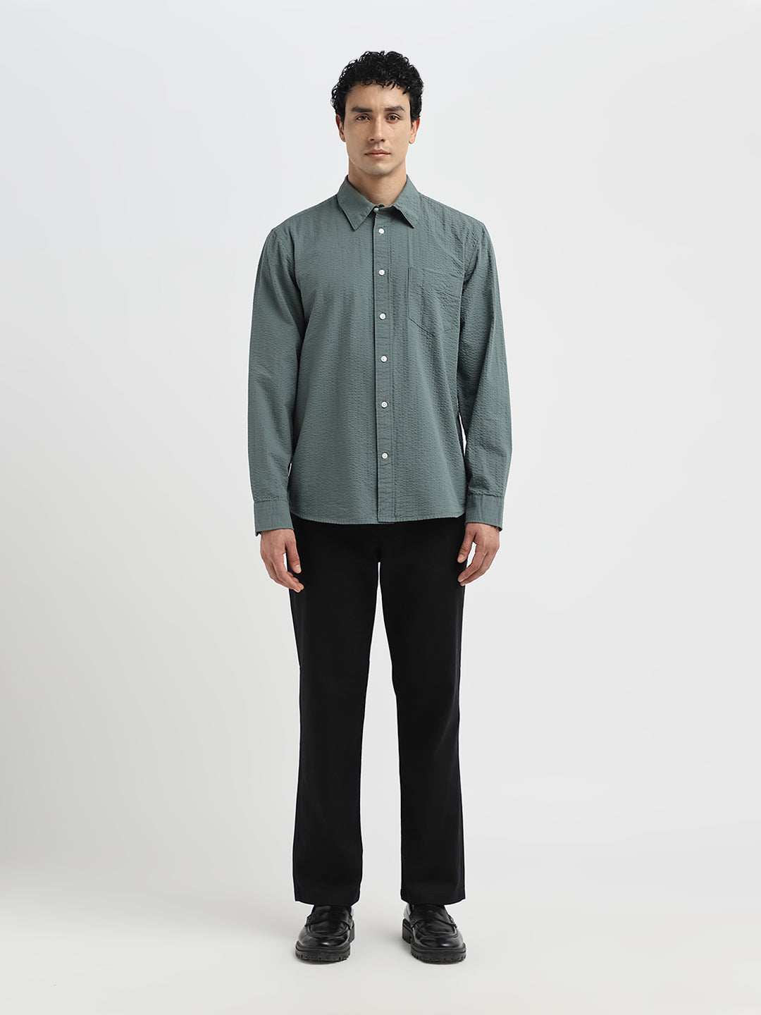 Green Seersucker Full Sleeves Shirt