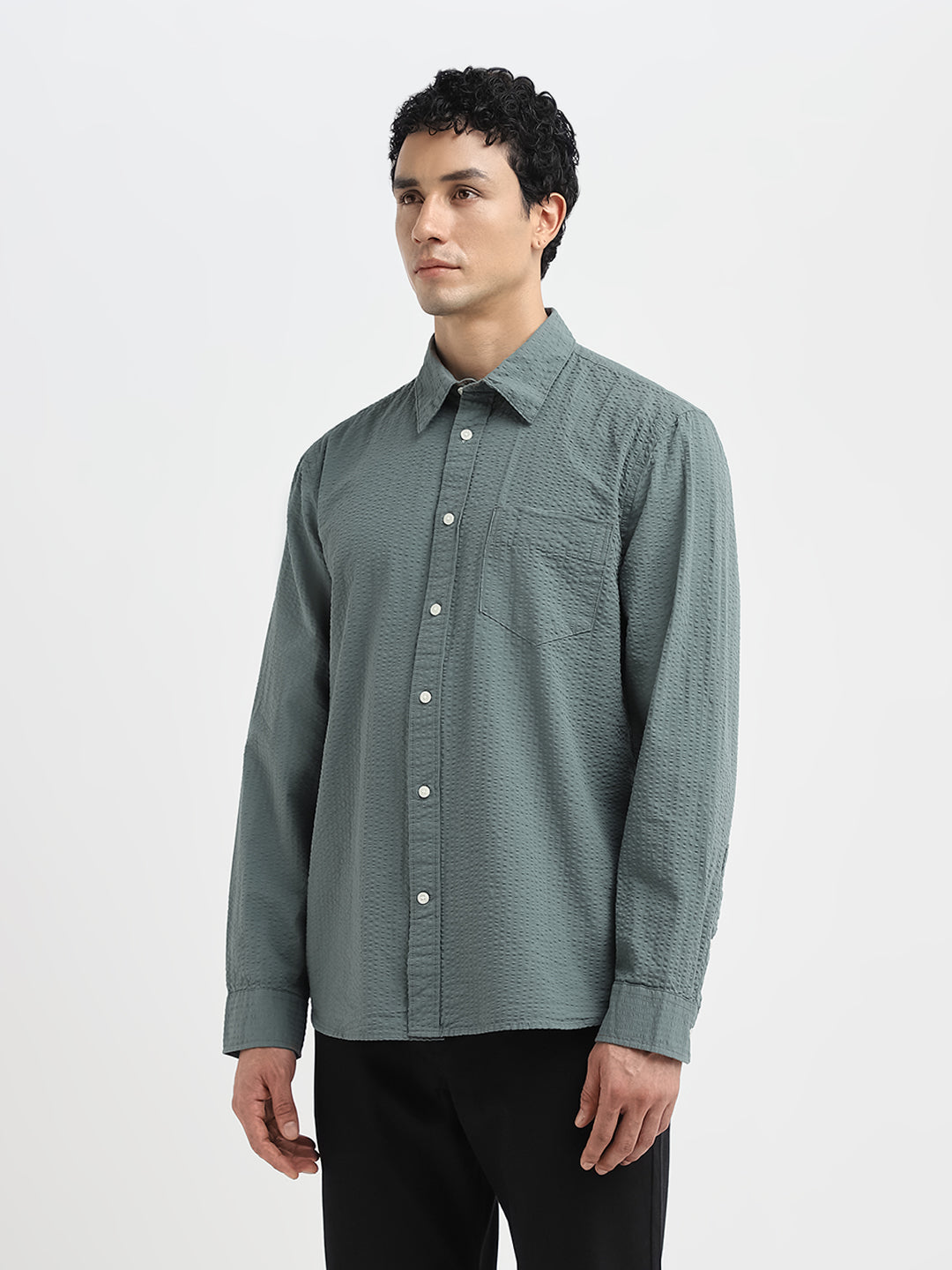 Green Seersucker Full Sleeves Shirt