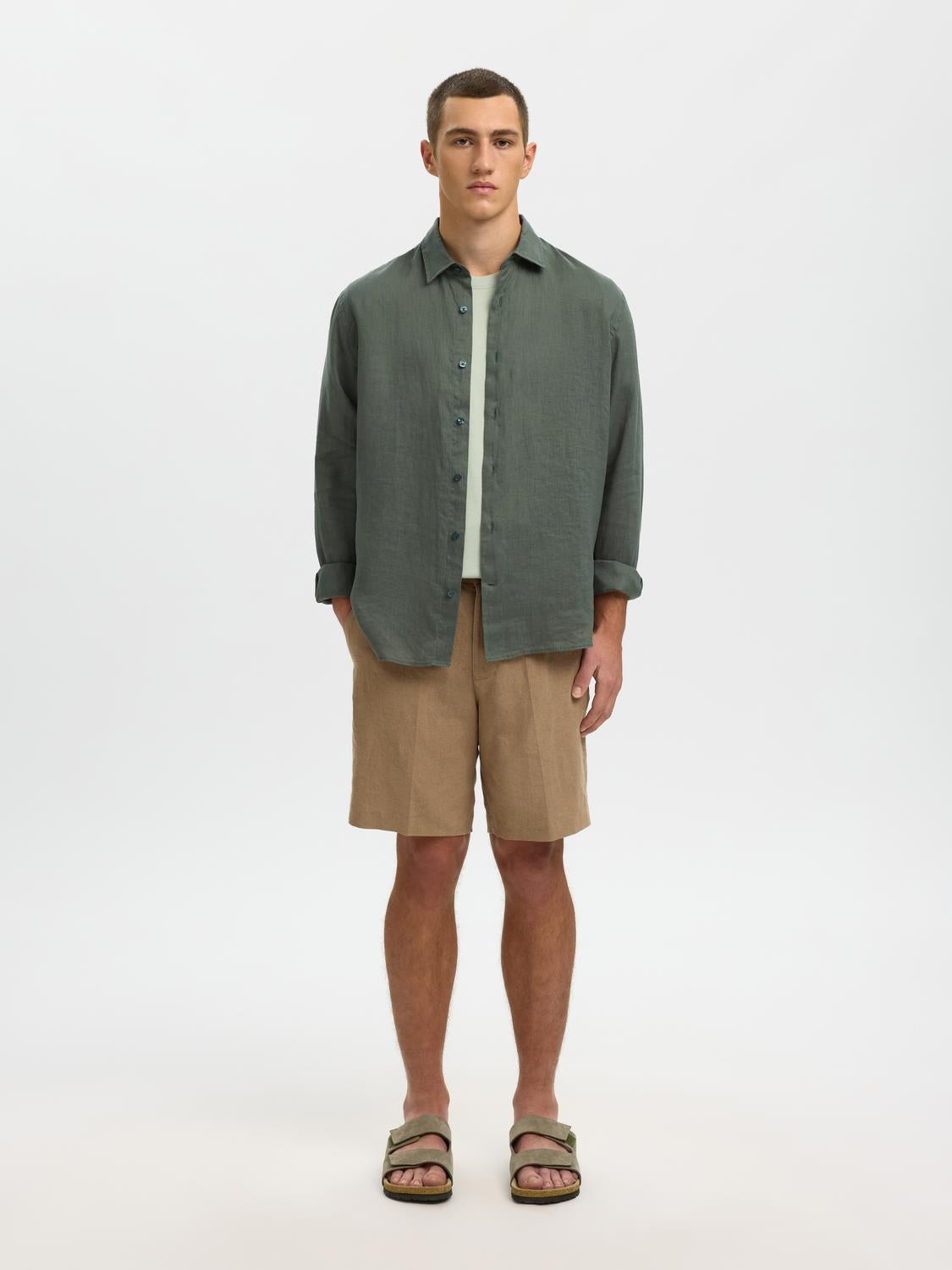 Green Linen Regular Fit Shirt