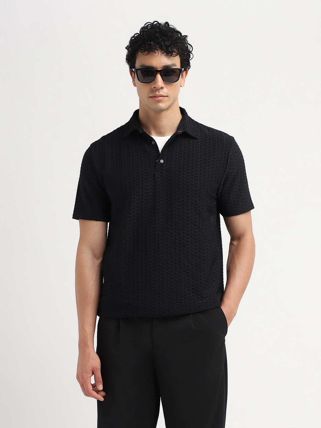 Black Seersucker Regular Fit Polo
