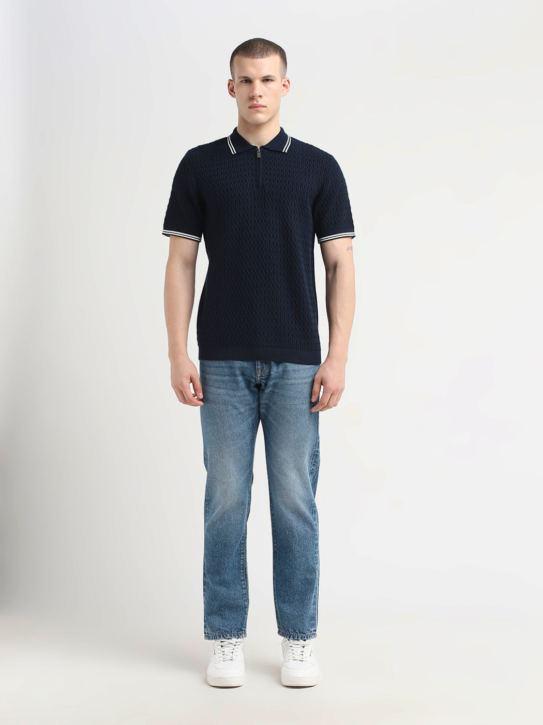 Structured Knitted Zip Polo - Blue
